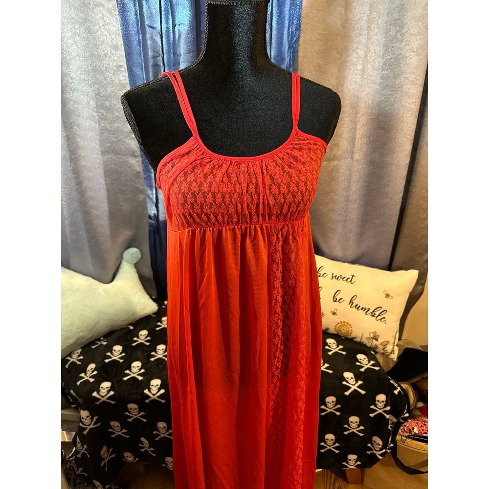 Vintage Med Undercover Wear Red Long Lace Silky Nylon  Goddess Nightgown